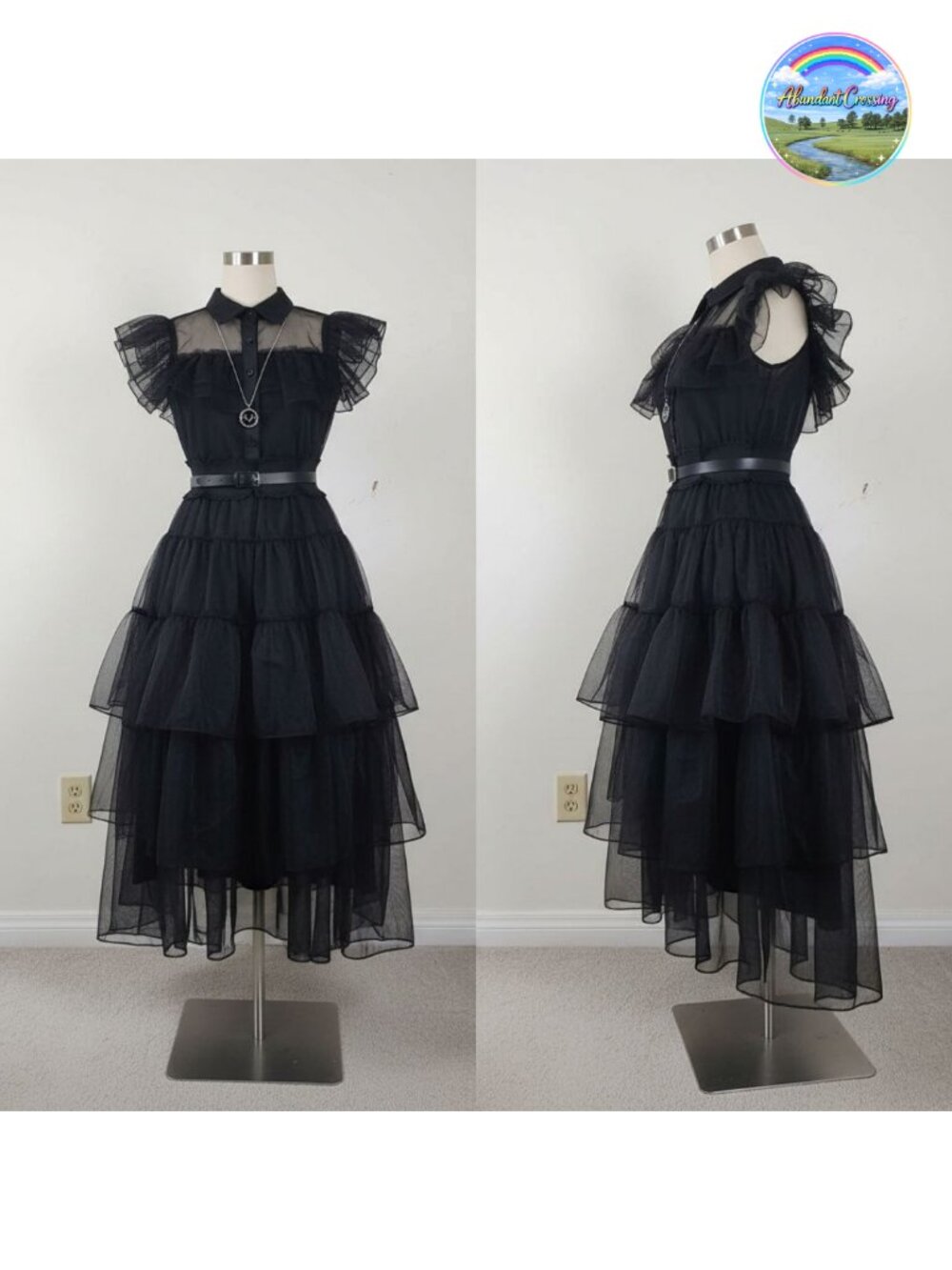 Women Gothic Black Tulle Lace Cosplay Dress Costume with Necklace
